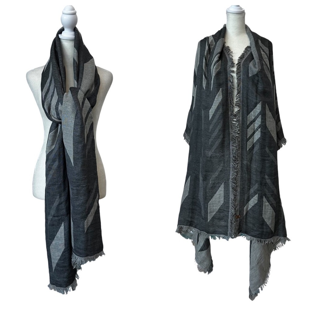 MACKAGE Geometric Pattern Fringe Edged Scarf Shawl Wrap in Gray One Size